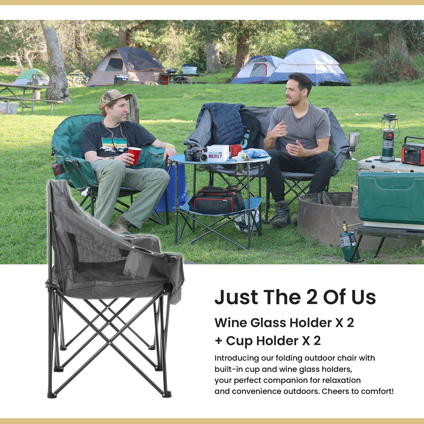 ARROWHEAD OUTDOOR Portable Folding Double Duo Camping Chair Loveseat w/ 2 Cup & Wine Glass Holder, Heavy-Duty Carrying Bag, Padded Seats & Armrests, Supports up to 500lbs, USA-Based Support
