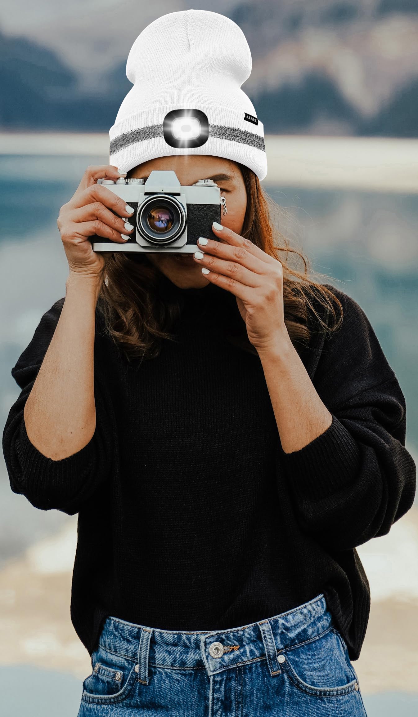 ATNKE LED Lighted Beanie Hat,USB Rechargeable 4 LED Run Headlamp with Reflective Stripe Cap Light Gift for Men and Women/#White