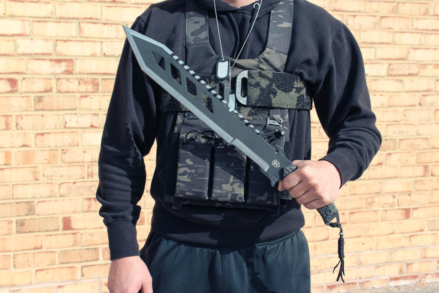 Sierra Zulu Trident Machete - Stainless Steel, 24.0 inches Overall, Modified Tanto Blade with Saw Tooth Back Edge - Tactical Nylon Sheath with Reversible Wear Strap