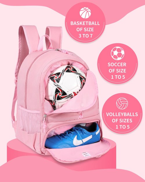 Basketball Bag Backpack for Women with Ball & Shoes Compartment 30L Capacity Lightweight Breathable Girls Soccer Ball Bag Backpack Fit Volleyball Football Sports Travel School Gym Pink