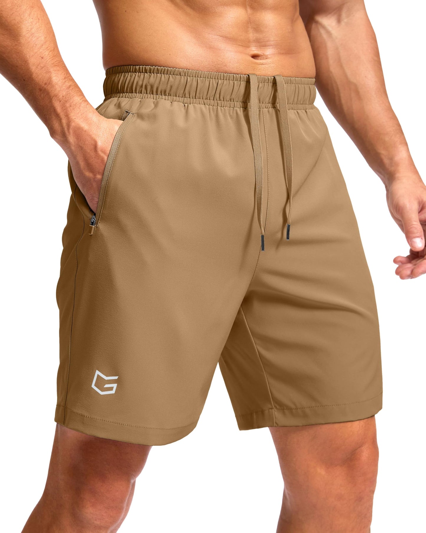 Men's Athletic Running Shorts with Zipper Pockets Quick Dry 7"/ 5"/ 9" Workout Gym Shorts for Basketball Hiking(Dark Khaki,7XS)