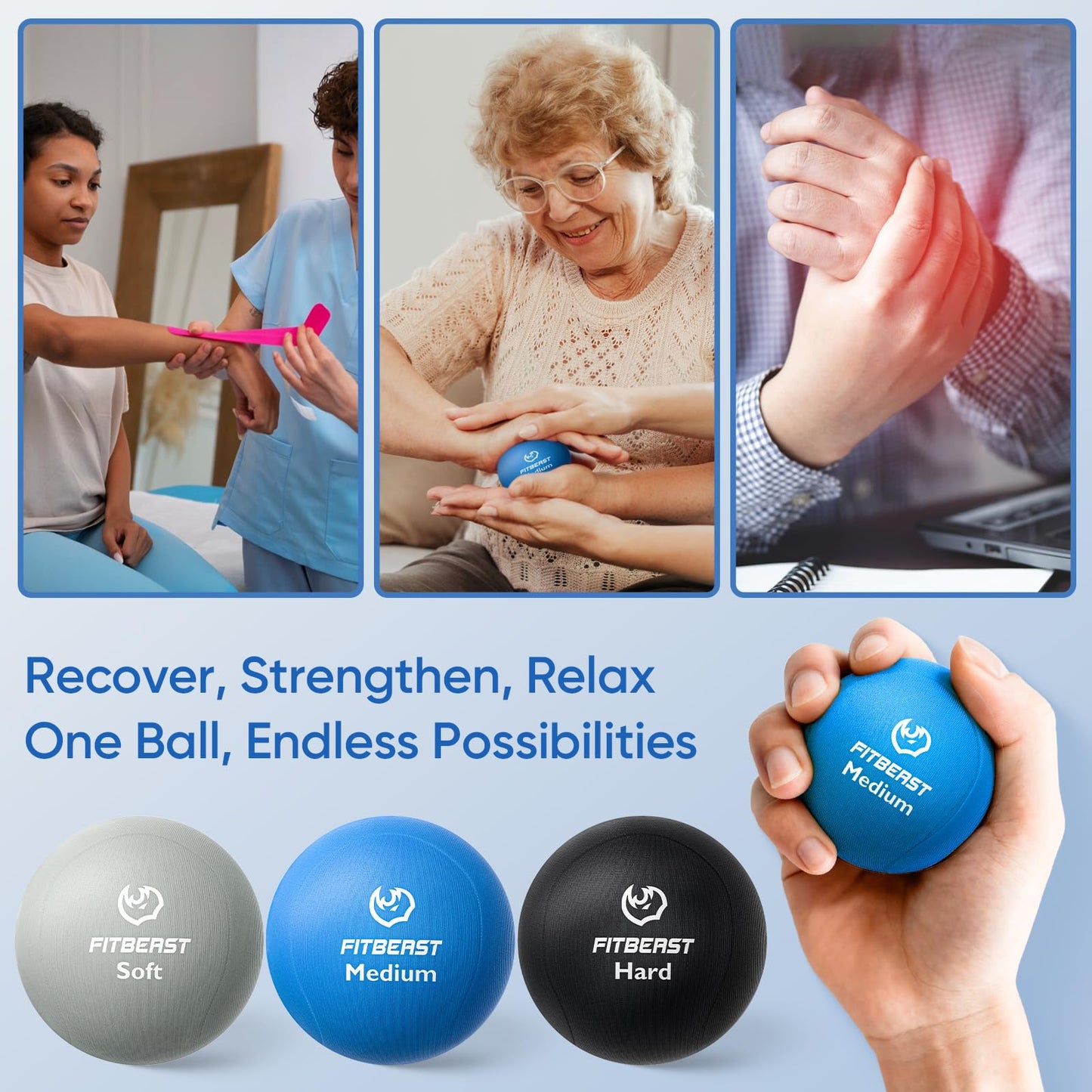 FitBeast Grip Strength Trainer, Finger Exerciser, Stress Balls for Adults, Hand Therapy for Strength, Recovery & Stress Relief, Forearm Strengthener for Men, Women & Seniors (6-Piece Cool Tones)