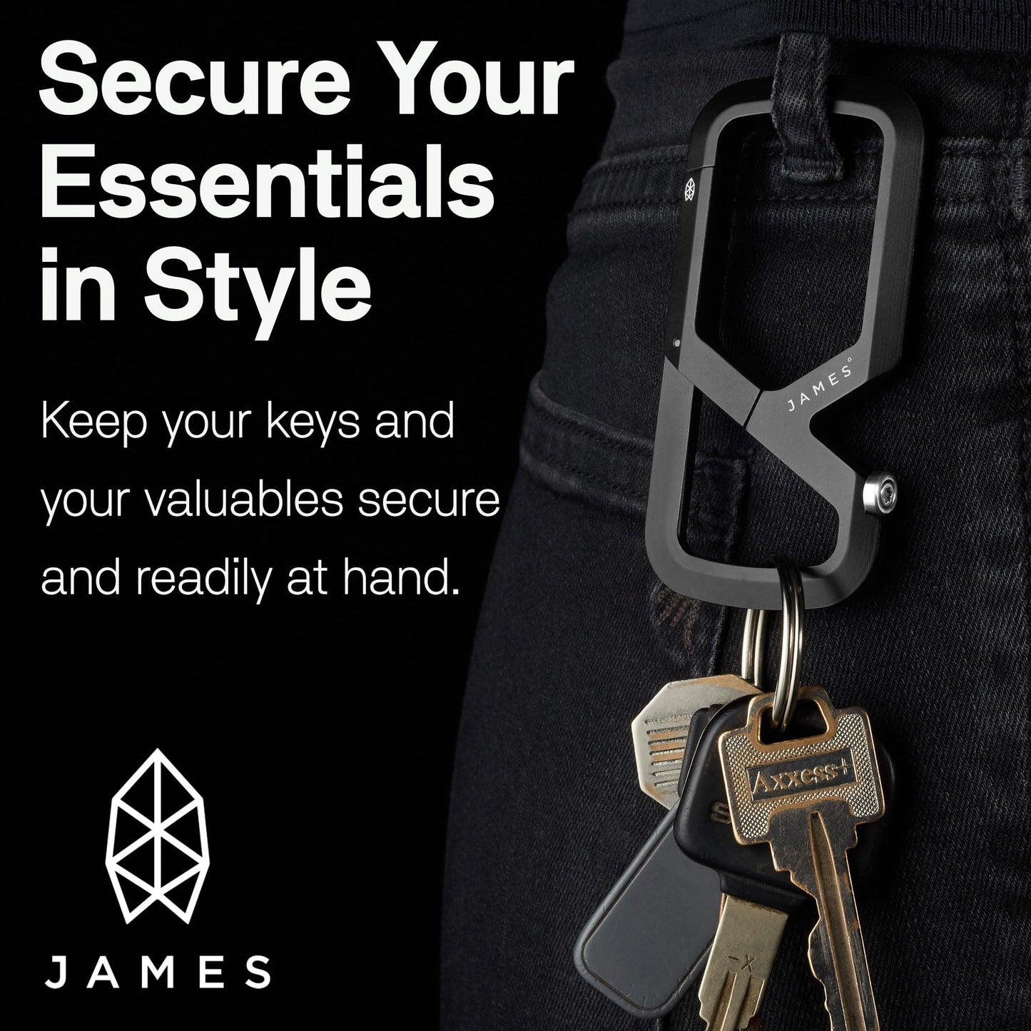 JAMES° Mehlville Machined Carabiner with Dual Compartment Design to Securely Lock Your Keys, Lightweight Single Body Construction for Everyday, Black