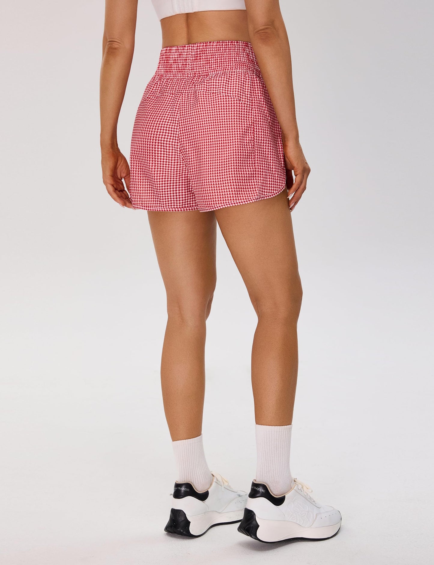 BMJL Women's Athletic Shorts High Waisted Running Short Pocket 2.5" Sporty Shorts Gym Elastic Workout Shorts(L,Red Plaid)