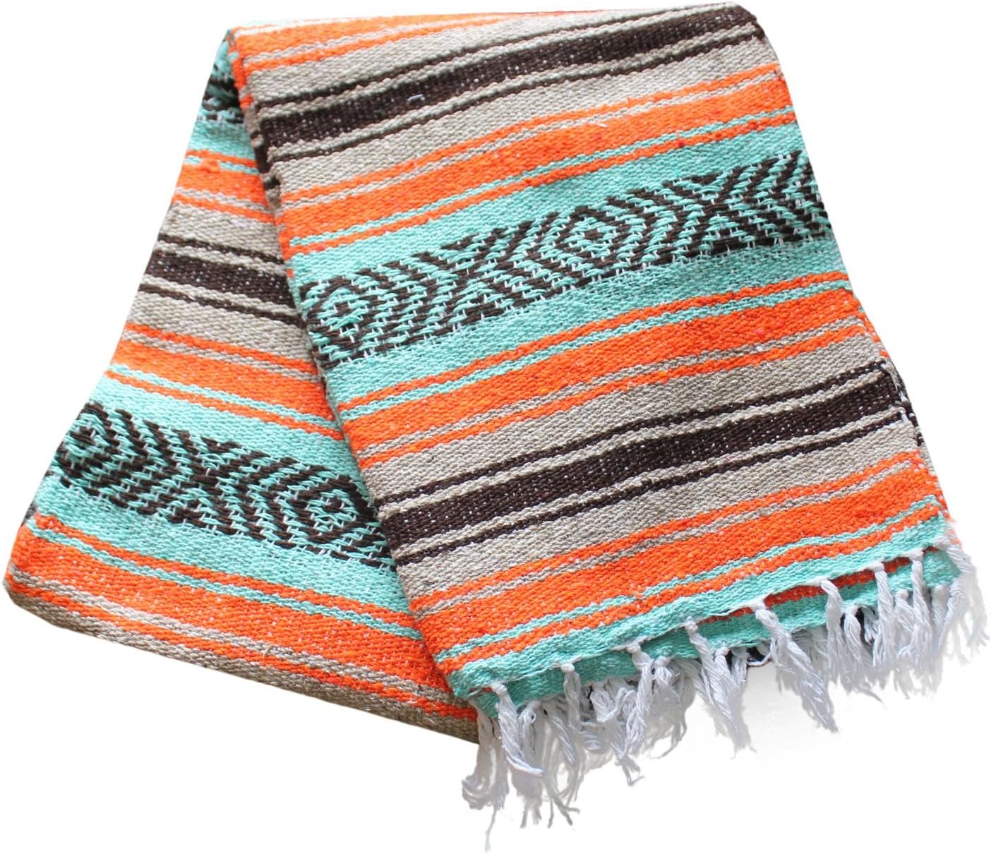 Authentic Del Mex Large Mexican Blanket - Woven Falsa Throw (70"x50") for Beach, Yoga & Outdoor Decor - Pink/Tan