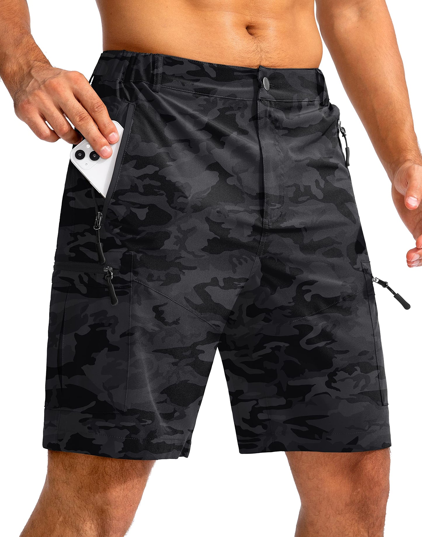 Pudolla Men's Hiking Cargo Shorts 9" Lightweight Outdoor Work Shorts for Men Travel Golf Camping Casual with 5 Zipper Pockets(Black Camo XX-Large)