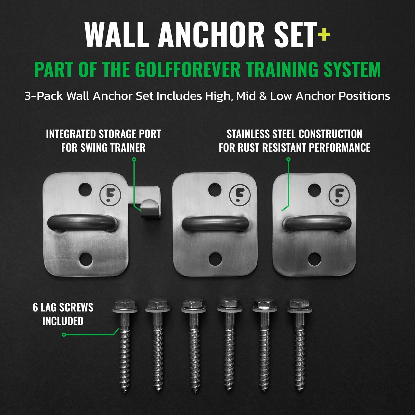 GolfForever Wall Anchor Set Proven by Golfer Scottie Scheffler | Golf Swing Training Wall Anchor Point | Premium Golf Training Workout Exercise Equipment to Expand Movements | 3-Pack | 6 Lag Screws