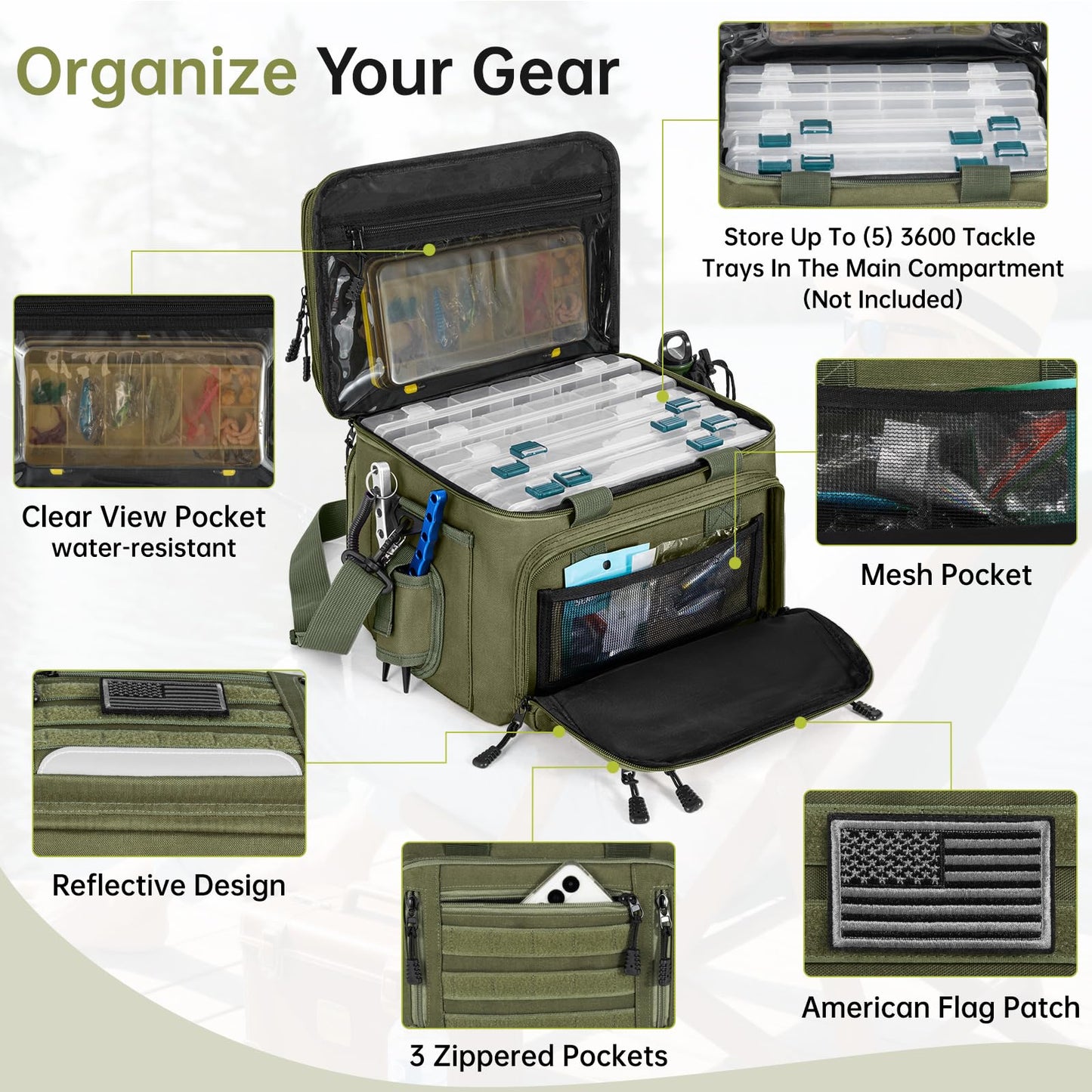 FREEAMG Fishing Tackle Bags - Saltwater & Freshwater Fishing Bag - Padded Shoulder Strap Fishing Bags - Gear Storage for Tackle Box (Green) (Does not come with box)