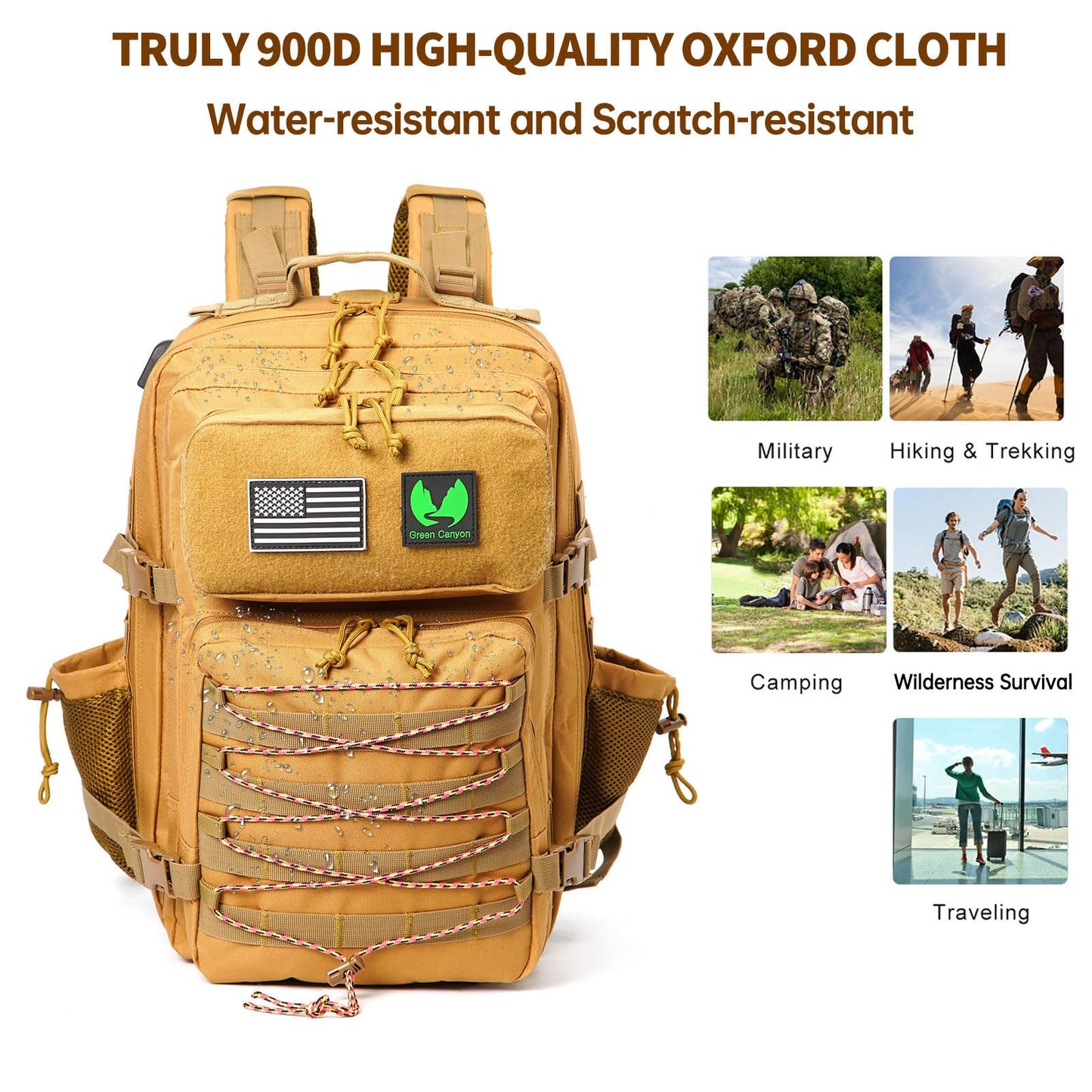 Green Canyon 45L Tactical Assault Backpack with Molle and Charging Port, Water Resistant Military Backpack for Men Women Hiking Rucksack 3 Day Bug Out Bag, Khaki