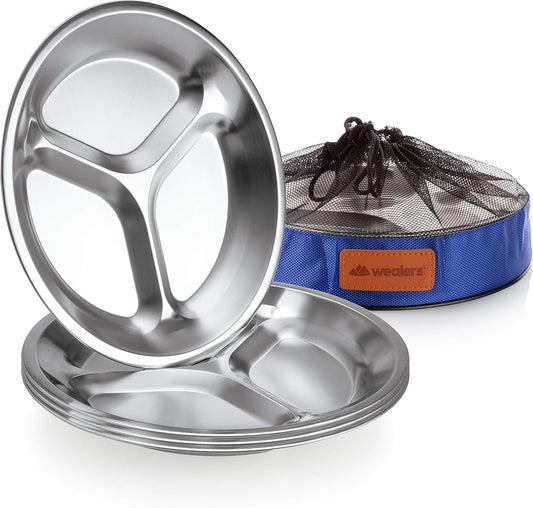 Portable Stainless Steel Plate Set - 4 Round BPA-Free Sectioned Plates with Travel Bag for Camping, Hiking, BBQ & Beach