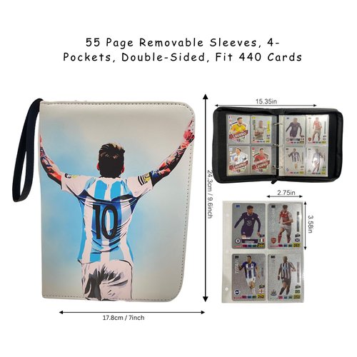 Soccer Card Binder 440 Pockets- Waterproof Trading Card Album with 55 Removable Sleeves Fit - 3 Rings with Zipper -Compatible with Topps Sports Cards Collection