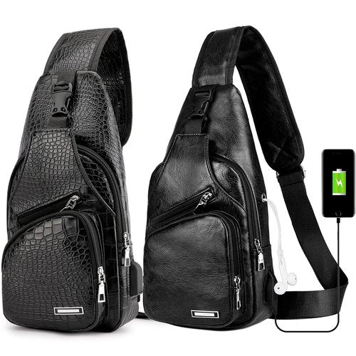 Peicees Pack of 2 Leather Sling Bag Mens Crossbody Bag Chest Bag Sling Backpack for Men with USB Charge Port, Crocodile Grained Black & Classic Black