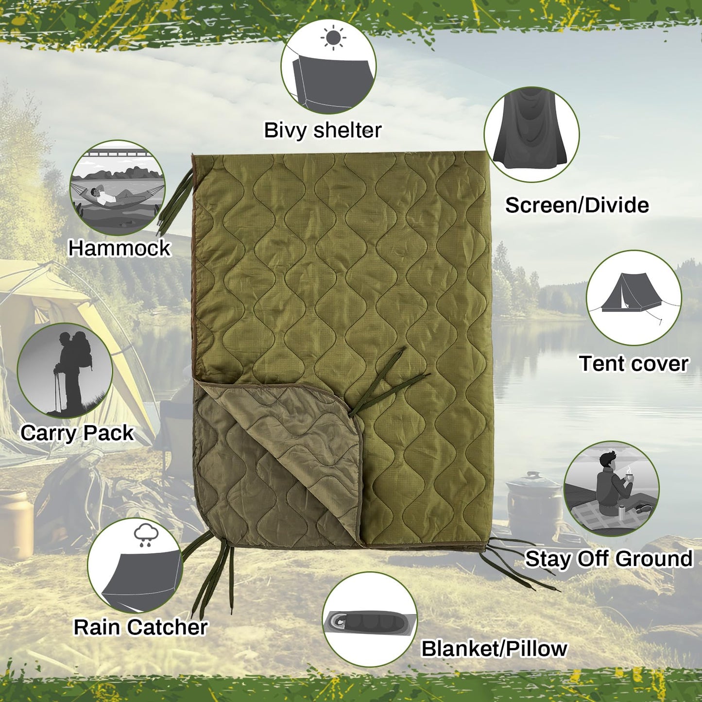 Barydat 3 Pack Woobie Military Poncho Liner 80 x 60 Inch Woobie Blanket Waterproof Thermal Poncho Liner with Bag Camo for Outdoor Camping Hunting Hiking (80 x 60 Inch,Green)