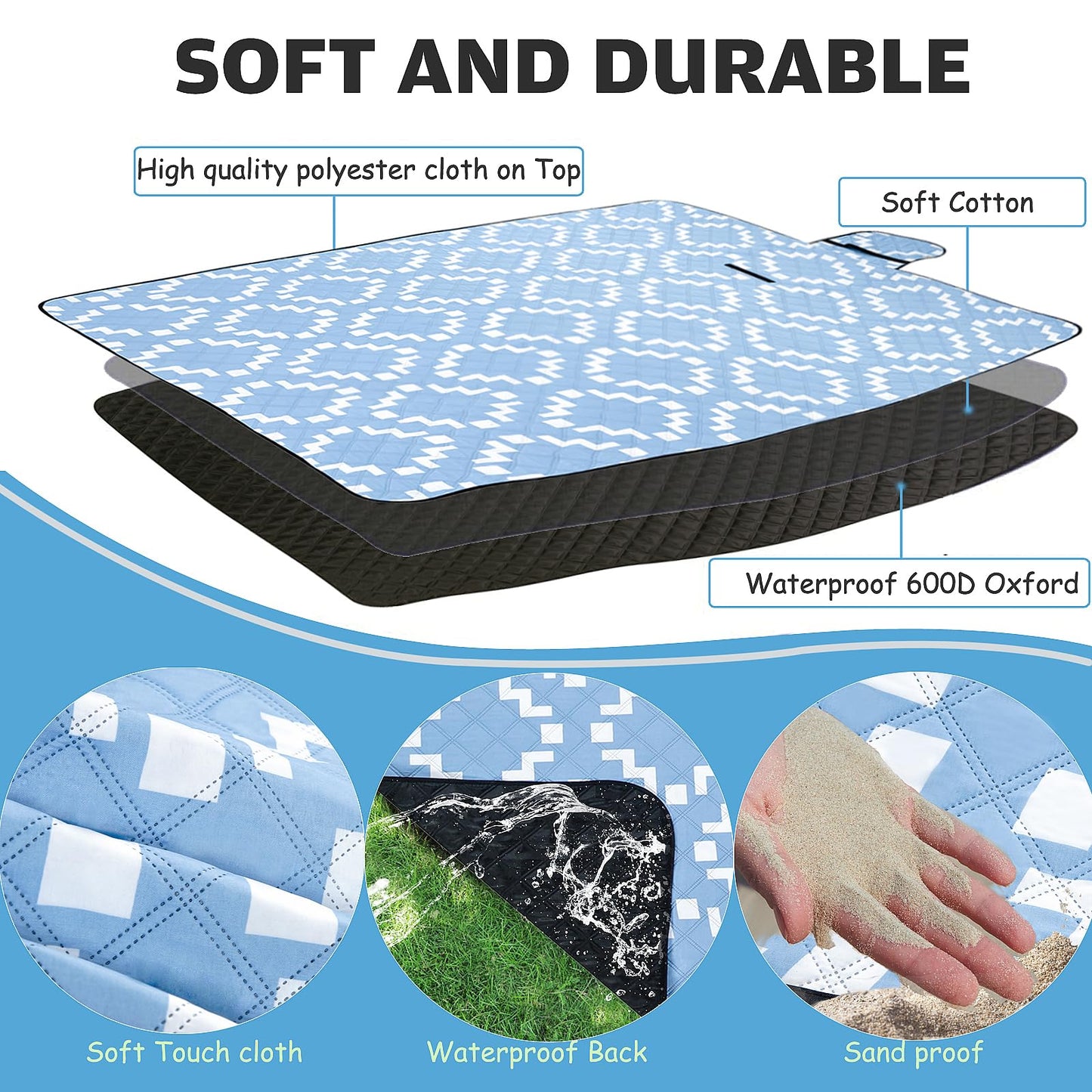 Large Picnic Blanket Beach Blanket Waterproof Sandproof Outdoor Blanket Foldable Beach Mat Sandfree Picnic Mat with Carry Strap Lightweight Beach Mat fit 2 to 4 Adults for Beach Grass Lawn Park