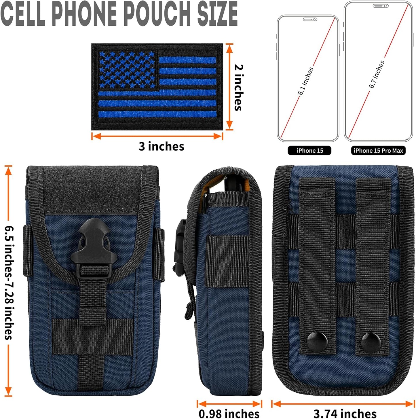 IronSeals Tactical Phone Holster Pouch, Tactical Smartphone Pouches Cellphone Case Molle Gadget Bag Molle Attachment Belt Holder Waist Bag for 4.7"-6.9" with US Flag Patch for iPhone 16 Pro/15 Pro