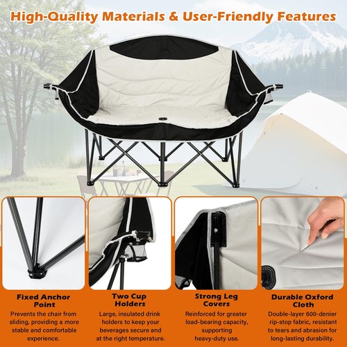 koldan Double Camping Chair, 550lbs Capacity 2-Person Camping Chair with Cup Holder Wine, Foldable Oversized Camping Loveseat for Couples, Family, Beach, Backyard for Outside Picnic