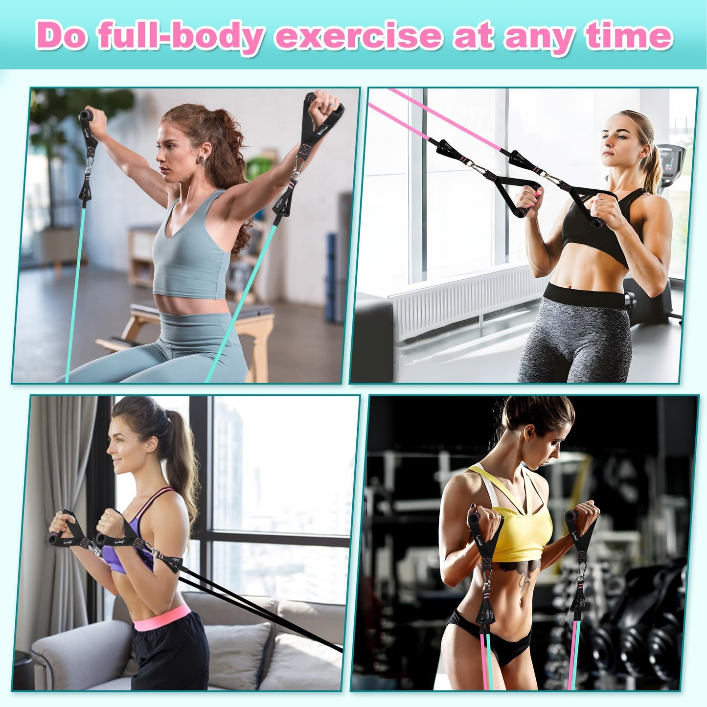 Besloor Resistance Band Set. Exercise Bands with Handles, Door Anchor and Ankle Strap. Home Gym, Supports Full-Body Workouts - with Training Guide and Fitness Video (Pink)