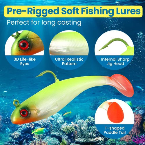 Mimorou 18 Packs Soft Fishing Lures for Bass Fishing Pre-Rigged Jig Head Paddle Tail Swimbaits Bass Lures for Crappie Trout Walleye Saltwaterr Freshwater