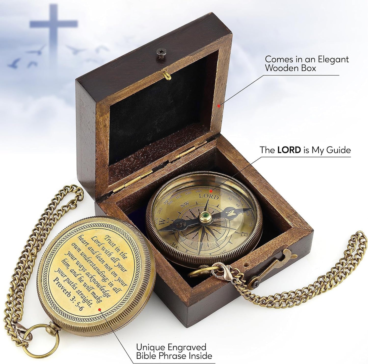 God is My Guide Brass Compass Gift with Display Box - Engraved Scripture Prayer Compass Religious Gift for Men & Women - Baptism, Confirmation, Communion Compass for Boys Graduation Gift