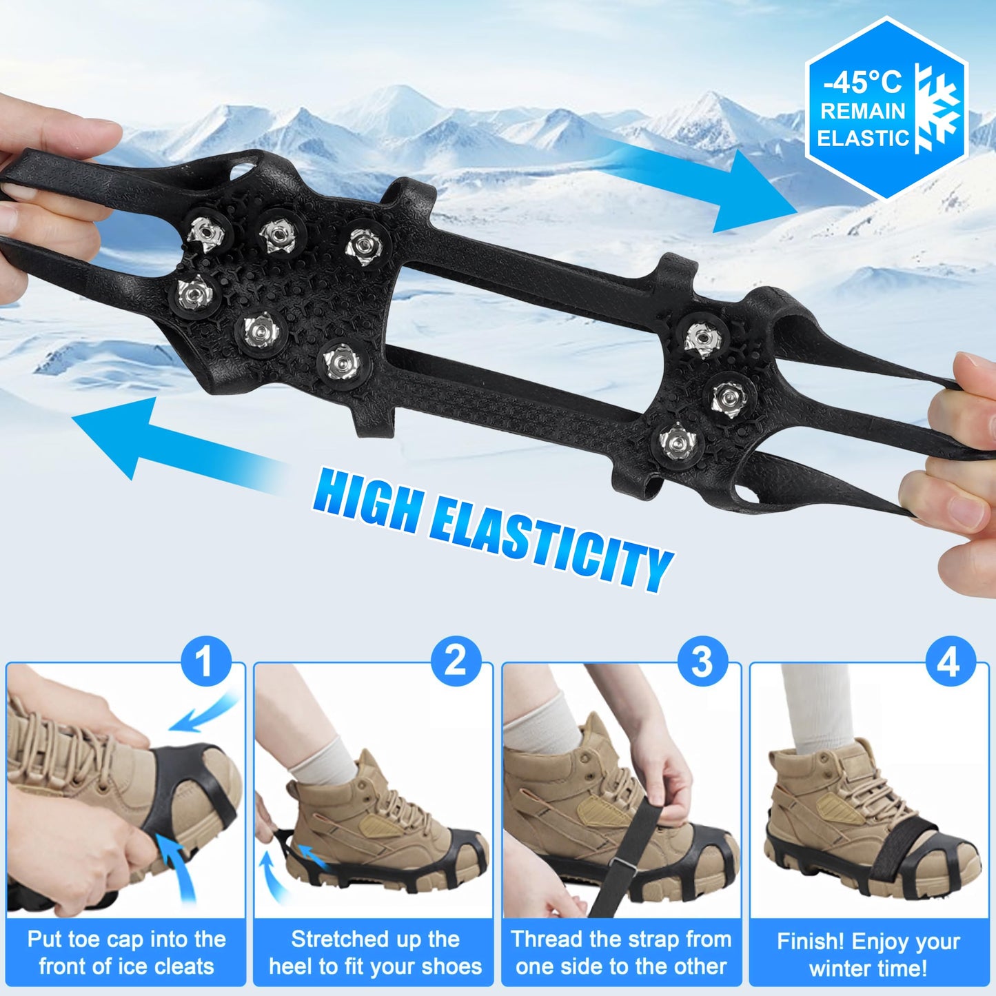 Ice Cleats Crampons for Shoes and Boots Non Slip Ice Grippers 9 Studs Snow Traction Cleat Crampons for Hiking Boots Women Men Winter Walking Hiking Ice Fishing Gear