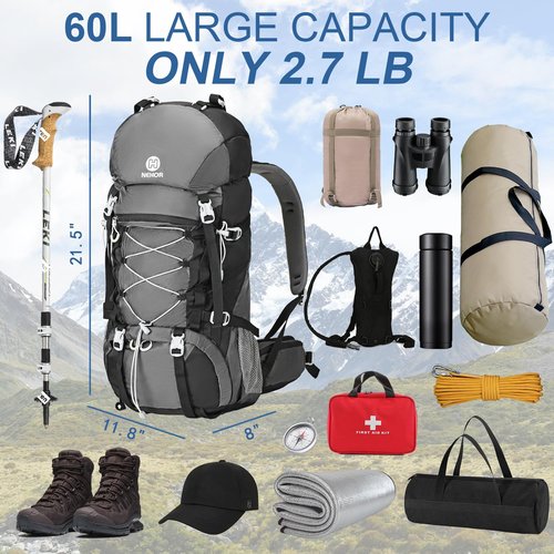 NEHOR 60L Hiking Backpack, Water Resistant Camping Backpack with Rain Cover, Large Lightweight Hiking Bag Outdoor Travel Daypack for Men Women, Black