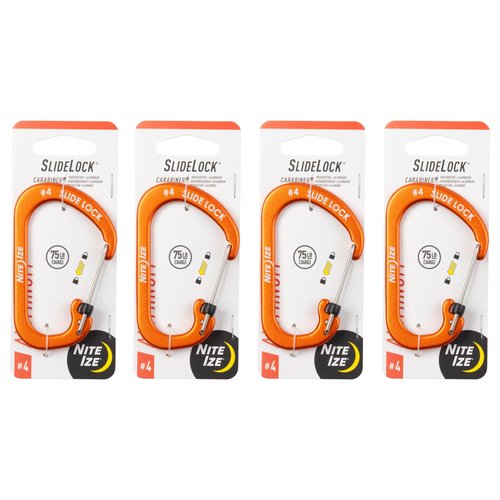 Nite Ize Aluminum SlideLock Carabiner - Daily Use & Lightweight Carabiner - Compact Aluminum Carabiner with Lock - Versatile Rectangular Carabiner - Size 4, Orange (4 Pack)