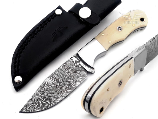 Lara Eagle Damascus Hunting Knife - Fixed Blade Handmade Skinner with Sheath - 7.5 inch Survival Knife Great for Camping, Hunting - Camel bone Handle with mosaic pin, Gift for Husband, Anniversary, Dad (Camel bone)