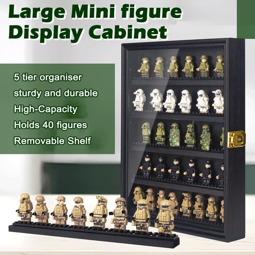 Minifigure Display Case 11X14 Inch with Lock,Figures Building Block Toy Wooden Shadow Box，Miniature Collectibles Display Cabinet Wall Mount or Tabletop for Storage Mini Figure Black