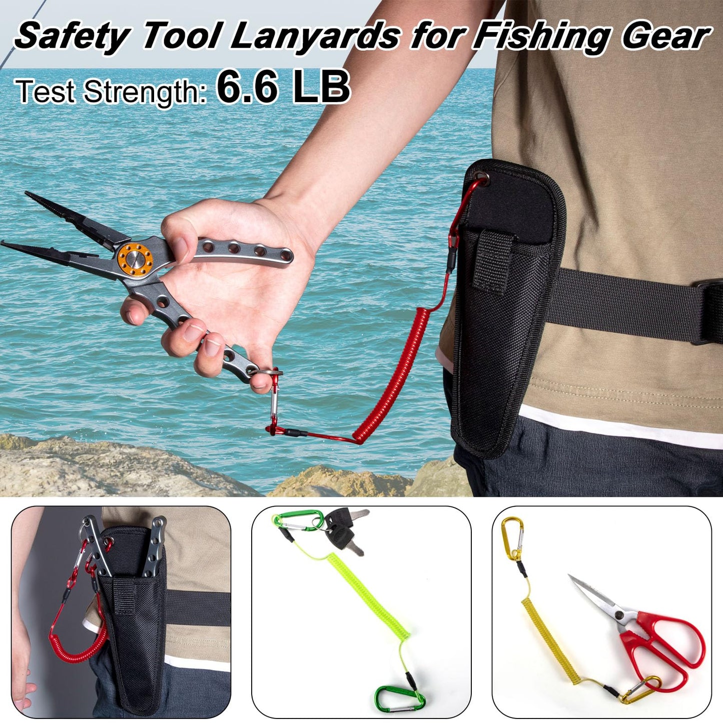 Alwonder 6-Pack Fishing Lanyards Tool Lanyards for Hand Tools, Retractable Tool Lanyard Steel Wire Coiled Ropes Safety Tether Fly Fishing Lanyard for Pliers Scissors Fishing Gear Gray 47.2IN