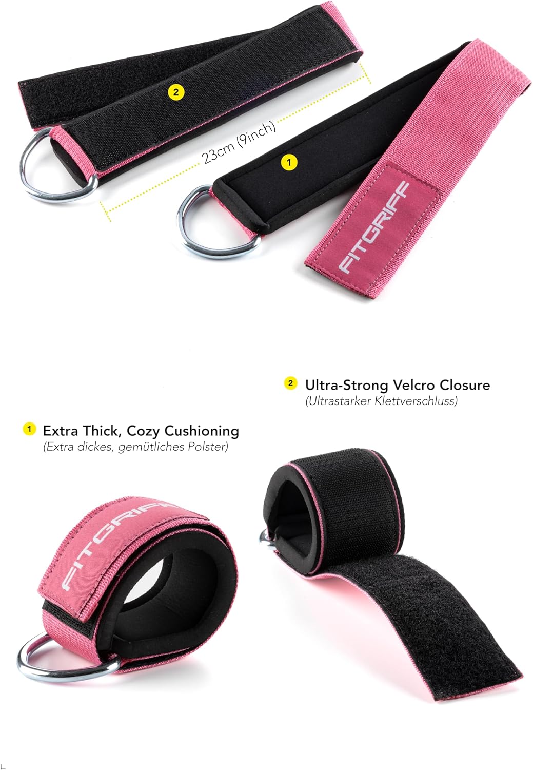 Fitgriff® Ankle Straps V2 for Cable Machine (2 Pieces) - Gym Workout Equipment - Leg Pulley Attachment, Kickback Straps