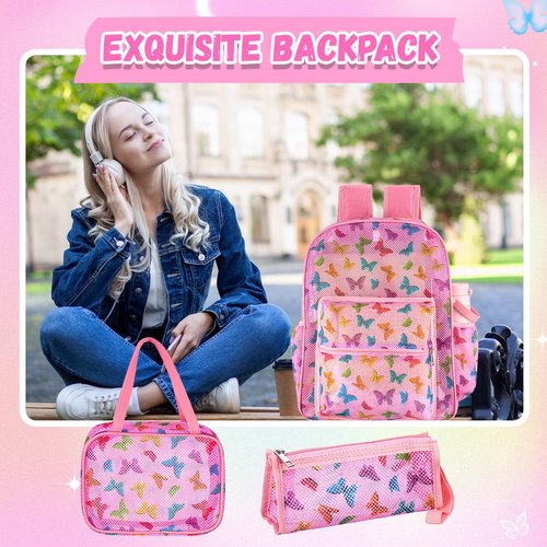 Silkfly 3 Mesh Backpack Set Semi-transparent bag for Women Heavy Duty bookbag with Pocket with Lunch Bag Pencil Case(Butterfly Style)