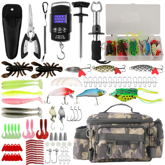 113Pcs Fishing Tool Kit, Fishing Bag, Fishing Pliers Hook Remover, Fish Lip Gripper, Fishing Lures Hook Tackle Box, Handheld Digital Scale, Ice Fly Fishing Gear Accessories Set Fishermen Gift (Camo)