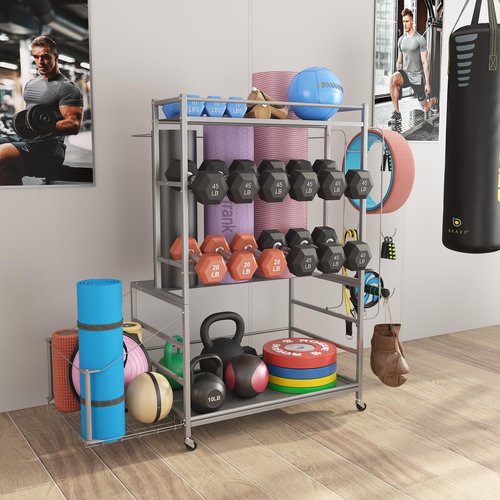 Cofiyard 700LBS Dumbbell Rack,5 Tier Weight Rack for Dumbbells,Home Gym Storage Rack for Dumbbells Kettlebells and Yoga Mat, All in One Heavy Duty Weight Organizer with Wheels and Hooks (Silver)