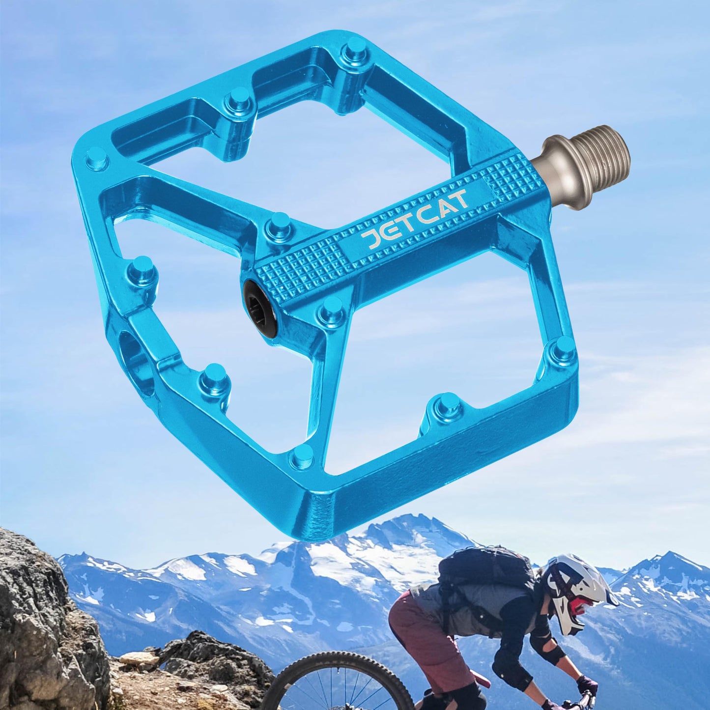 JETCAT Mountain Bike Pedals Flat - MTB Pedals Flat, Bicycle Pedals, Road Bike Pedals, BMX Pedals, for BMX MTN Road Gravel EBike, Specialized Parts, Adults, Aluminum Metal Stamp 9/16" Blue