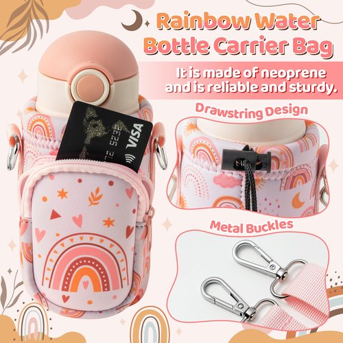 Water Bottle Carrier Bag with Strap for Kids - Boho Rainbow Water Bottle Bag Holder with Padded Strap Pocket 10/12/14/16/18Oz Neoprene Insulated Bottle Bag for Boys Girls School Walking Hiking Camping