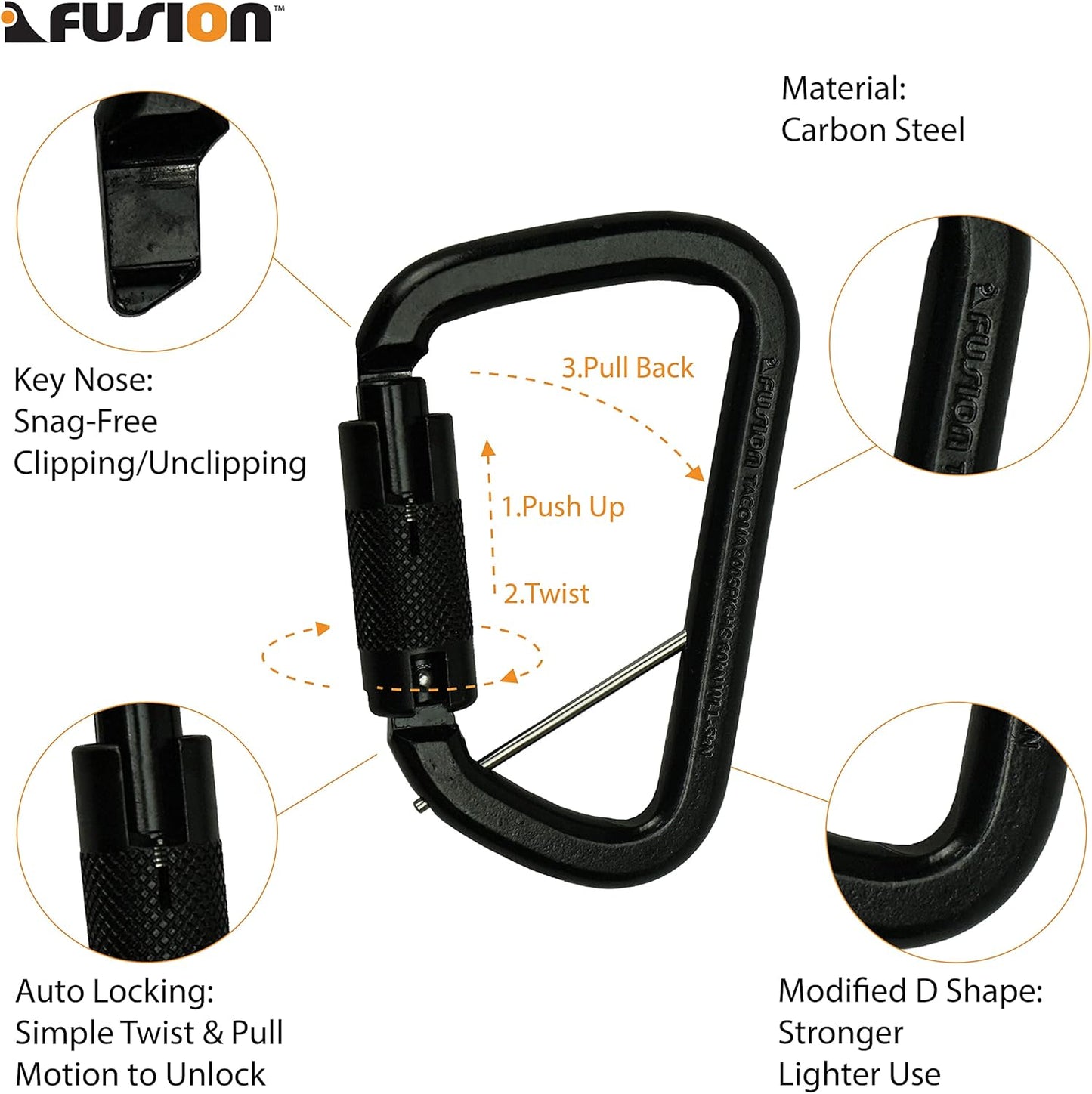 Fusion Climb Tacoma Steel High Strength Auto Lock Modified D-Shaped Steel Carabiner, Steel Clip