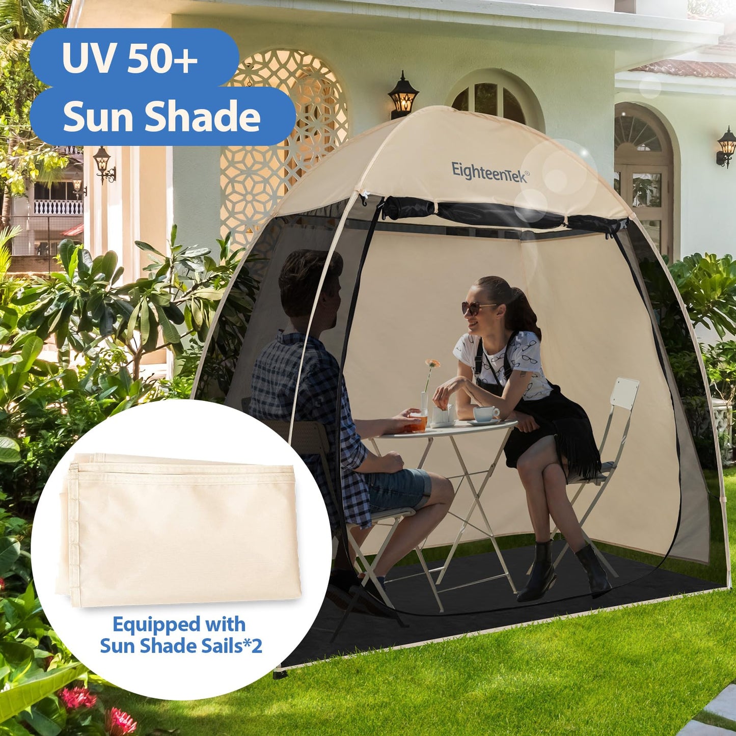EighteenTek Screen House Gazebo, 2-4 Person Pop Up Screen Tent, Instant Screen Room with Carry Bag, Outdoor Mosquito Tent Pop-Up, Sun Shade Shelter for Patio, Garden, Backyard, Deck 7 x 4 x 6.5 FT