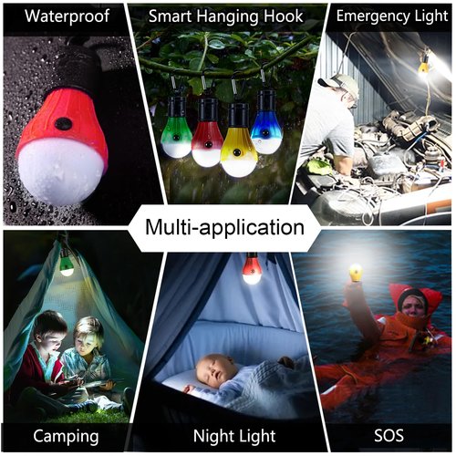 PEMOTech Camping Lantern 4 Pack, 4 Lighting Modes LED Camping Lights Bulbs with Clip Hooks, Waterproof Portable Battery Operated Emergency Tent Lights for Outdoor Camping Hiking Fishing Hunting
