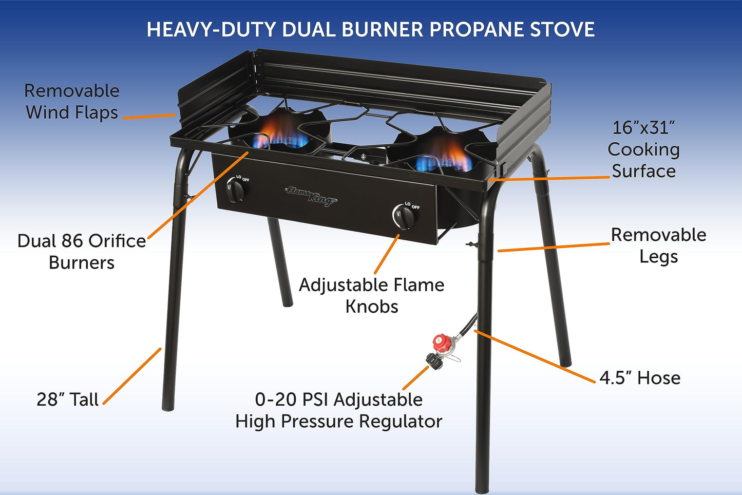 Flame King 200,000 BTU Propane Burner Gas Stove Heavy Duty Turkey Fryer/Camp Cooker, Portable with Stand Great for Outdoor Cooking, Home Brewing & Canning
