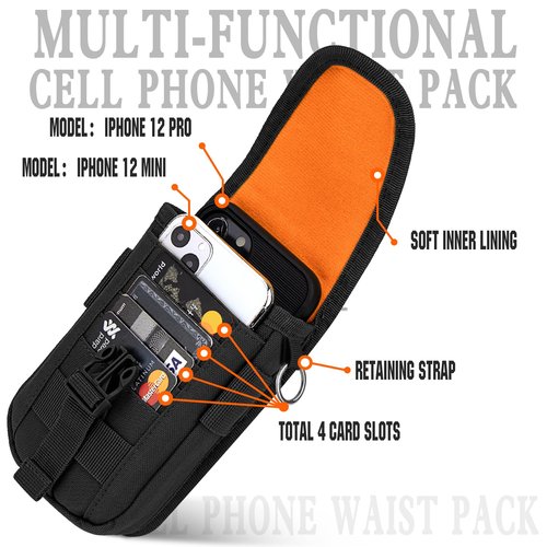 bvya Tactical Molle Phone Pouch, Smartphone Waist Belt Holster Buckle Closure EDC Utility Card Holder with Flag Patch Badge Holder for iPhone 15 Pro Max/14 Pro Max/13 Pro Max