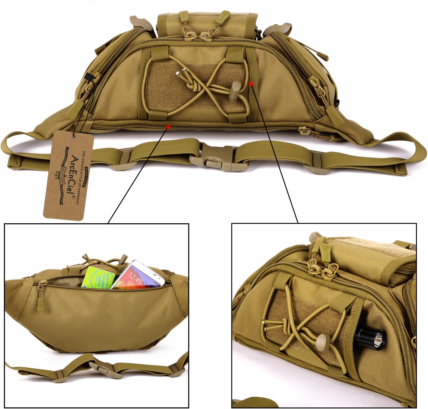 ArcEnCiel Tactical Fanny Pack for Men Waist Bag Hip Belt Outdoor Hiking Fishing Bumbag with Patch