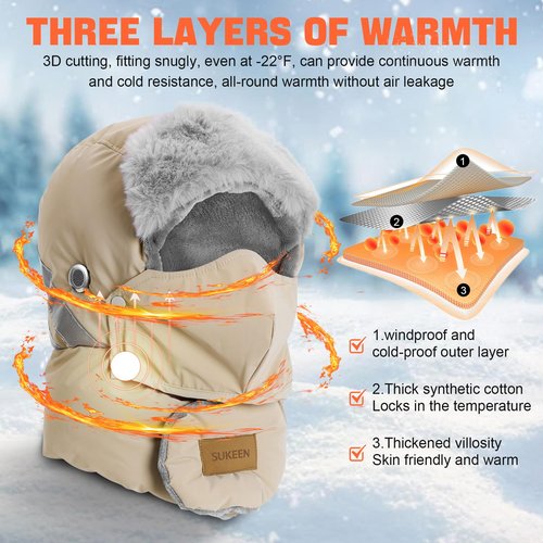 Sukeen Trapper Hats Windproof Winter Hat Water Repellent‌ Warm Hat Lightweight Earflap Hat with Mask for Cold Snow Weather