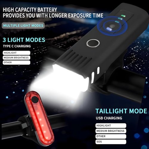 Ultra Bright USB Rechargeable Bike Light Set, 4 Light Modes Bicycle Front Headlight and Back Taillight, Night Riding Waterproof Bike Front & Rear Light for Men Women Kids Road Mountain Cycling