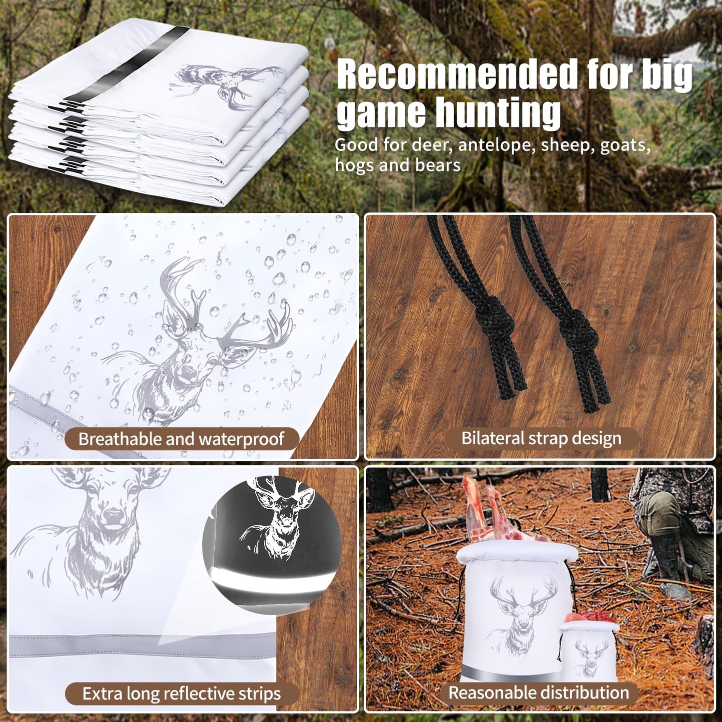 FUYITE 6 Pack Game Bags - Elk Hunting Meat Bags, Reusable Waterproof & Breathable with Reflective Tags, 30''x18.5''/4pcs, 15''x10''/2pcs