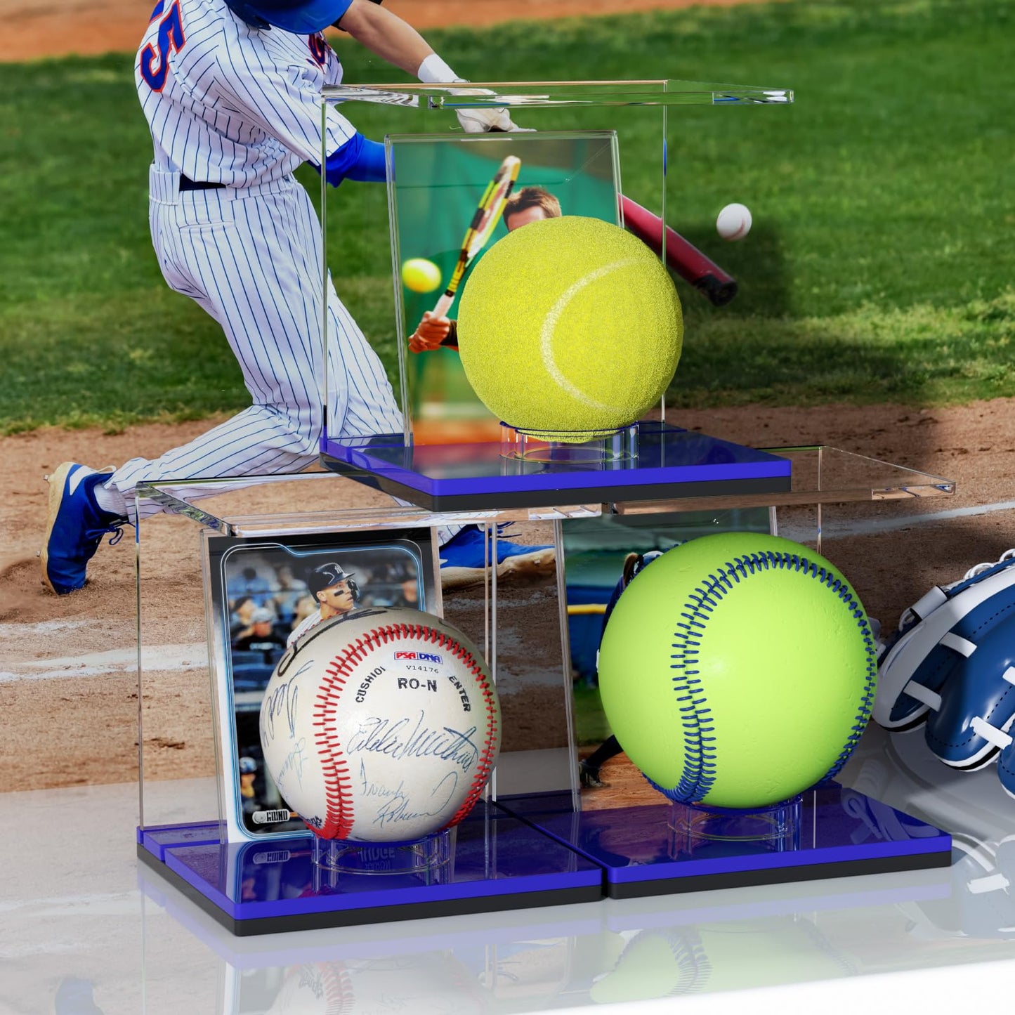 FEMELI Baseball Case Display Holder: 2PCS Acrylic Clear Ball Box with Base/Card Slot-Memorabilia Showcase Autograph Softball Protector Stand (Blue)