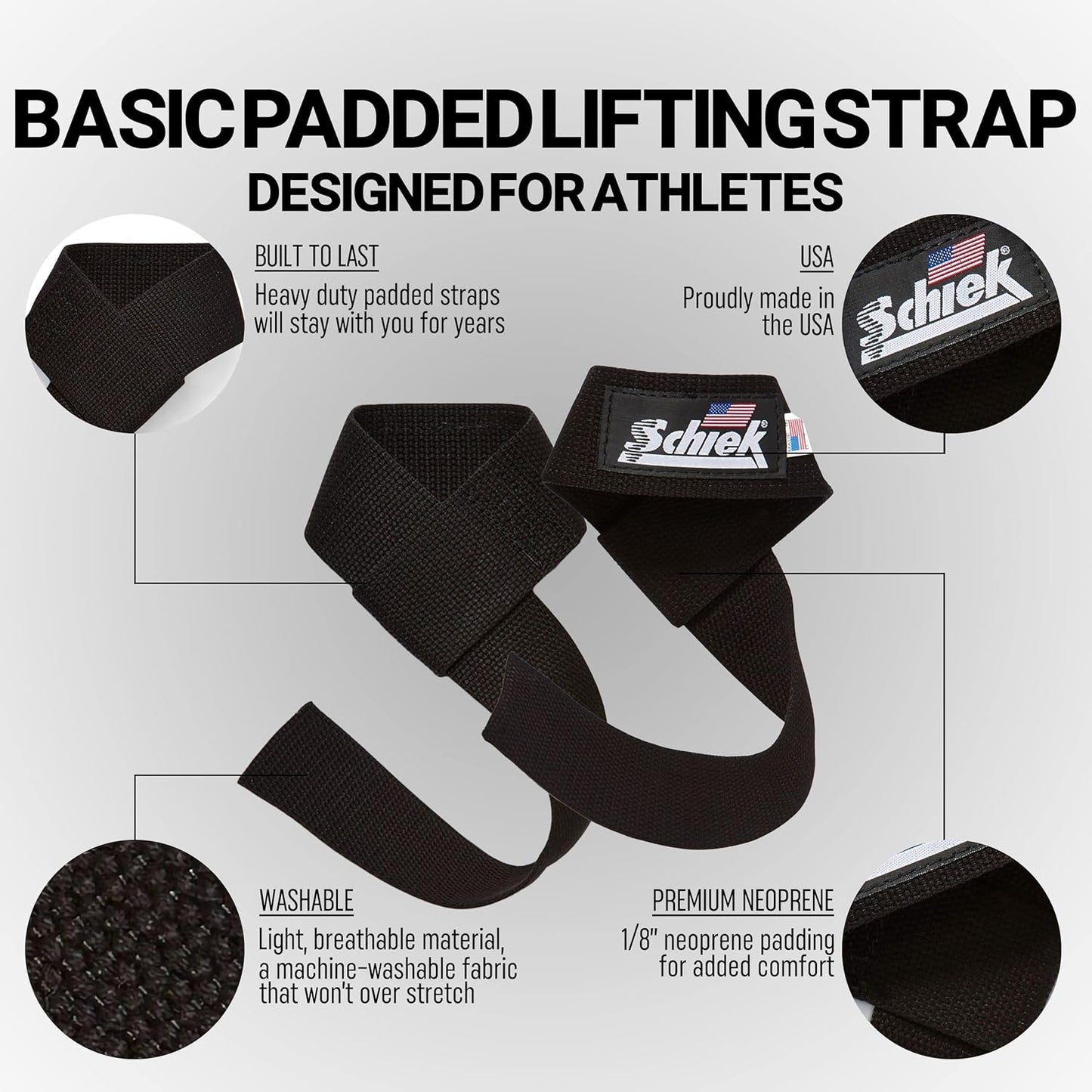 Schiek Sports Model 1000-BPS Basic 20" Padded Lifting Straps - Black