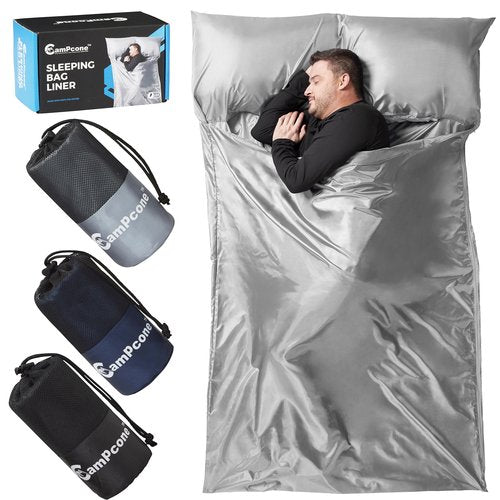 CAMPCONE Silky Sleeping Bag Liner Cold/Warm Weather–XL Travel Sheets for Hotel 85"×52"– Lightweight Sleep Sack with Zipper & Pillow Pocket-100% Polyester Adult Sleep Sack - Hotel Sleeping Bag. (Grey)