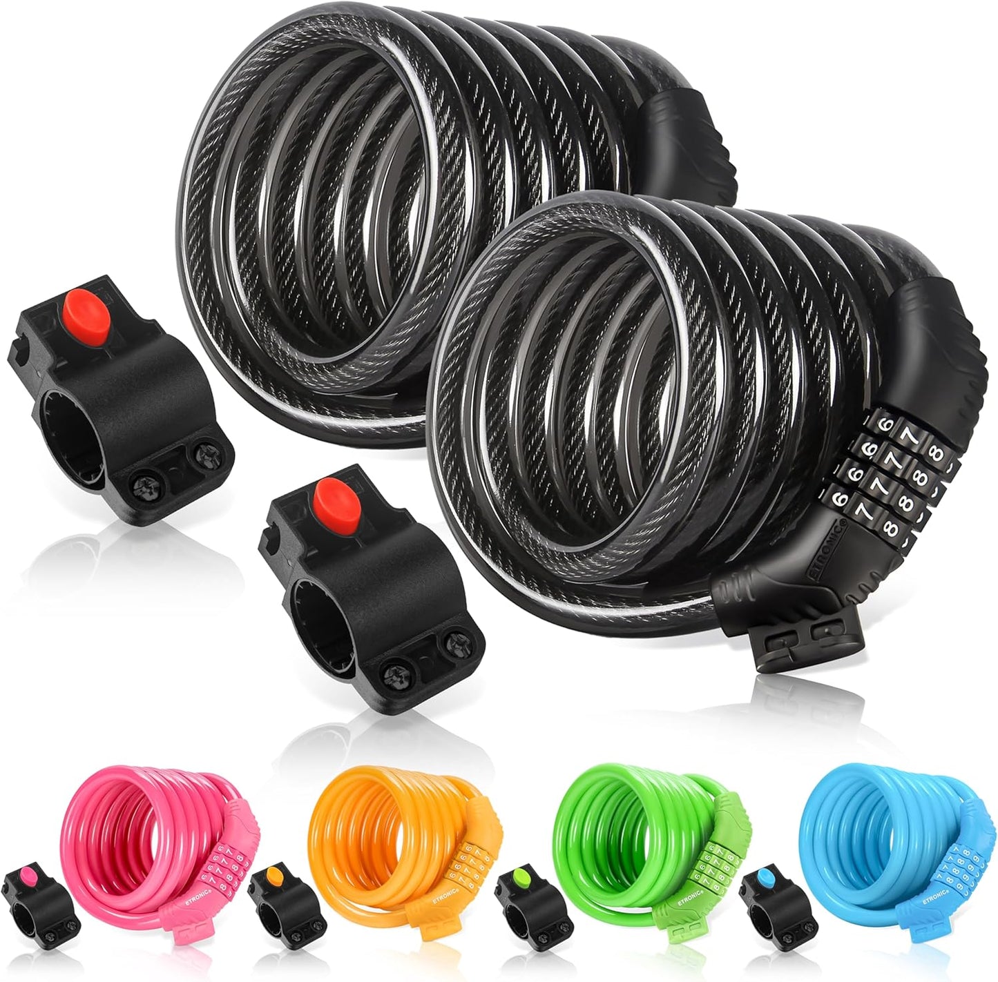 Secure Etronic 6ft Coiled Bike Lock - Resettable Combo Lock with Mounting Bracket