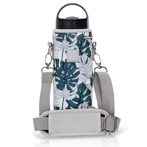 Made Easy Kit Neoprene Water Bottle Carrier Holder with Adjustable Shoulder Strap for Insulating & Carrying Water Container Canteen Flask Available in 5 Sizes (Green Gray House Floral, M (16oz-22oz))