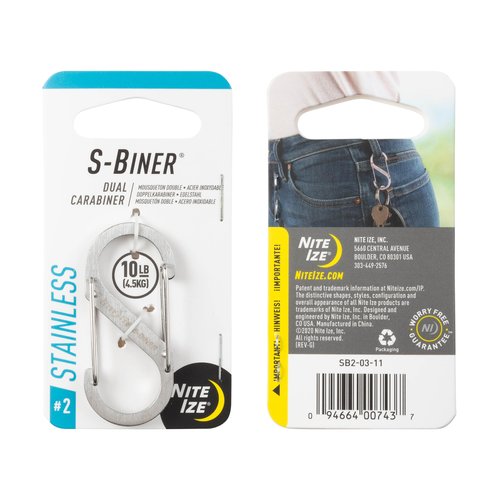 Nite Ize S-Biner Stainless Steel Dual Carabiner - Multi Purpose Dual Carabiner Clip - Great for Camping Supplies & Hiking Essentials - Secure Key Holder - Size 2, Stainless Steel (8 Pack)